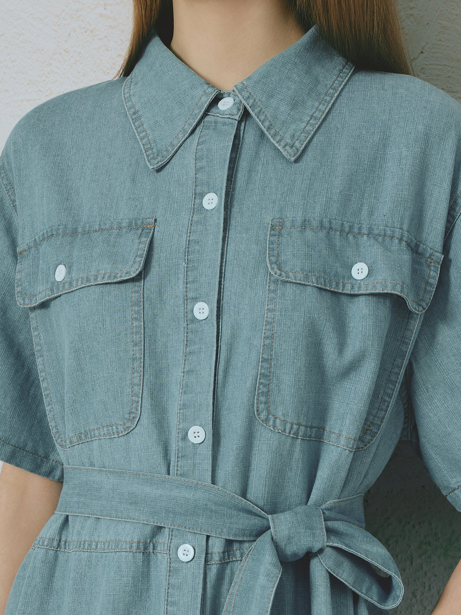 벨티드 플레어 데님 원피스 (BLUE)