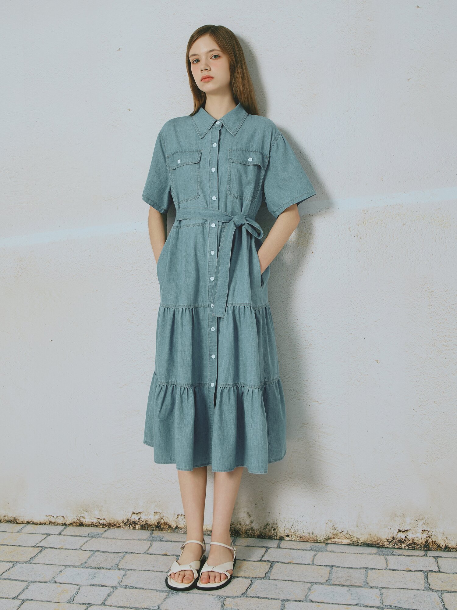 벨티드 플레어 데님 원피스 (BLUE)