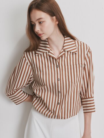 포켓 스트링 오픈 칼라 블라우스 