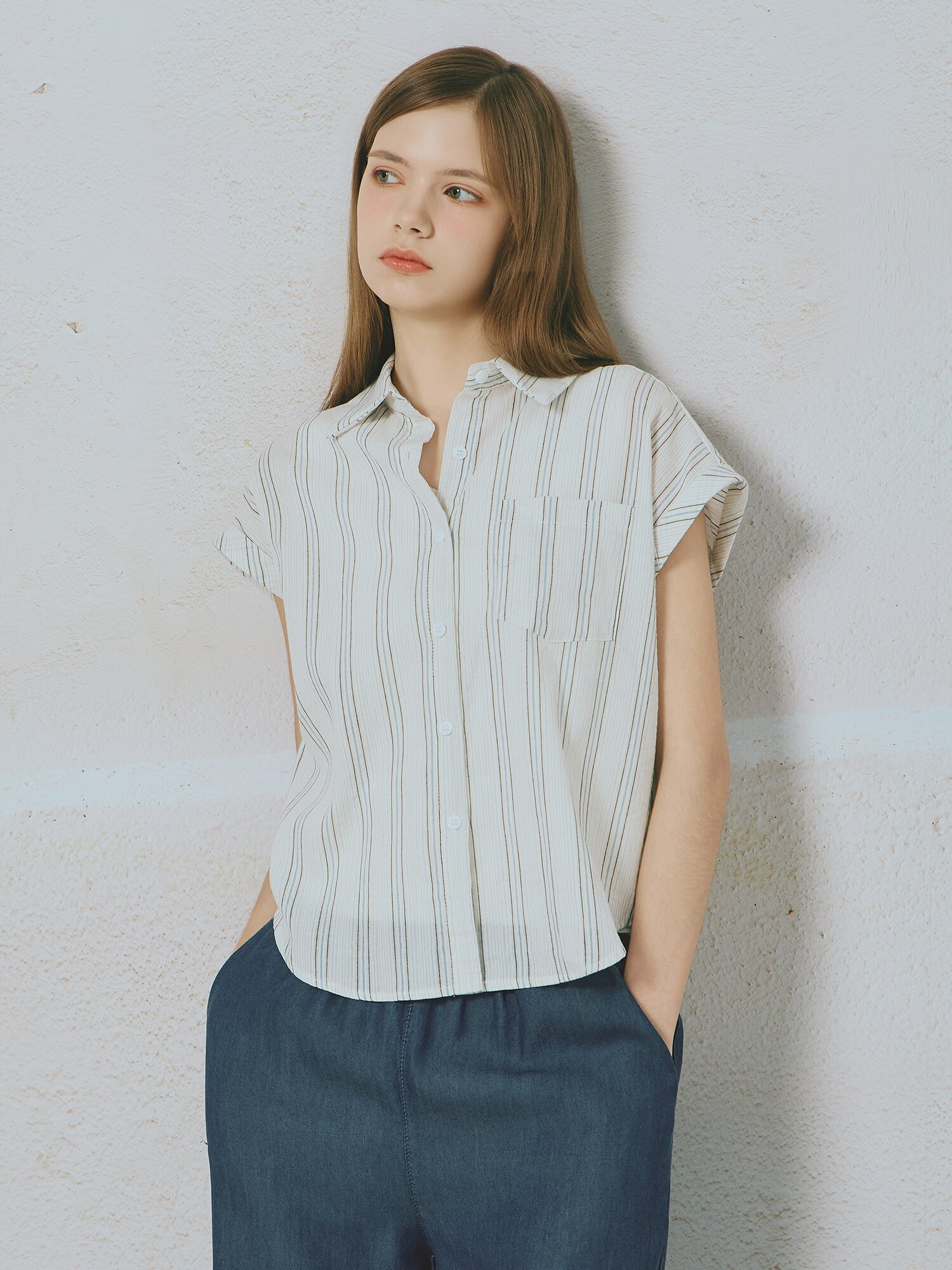 스트라이프 캡슬리브 셔츠 블라우스 (BLUE)