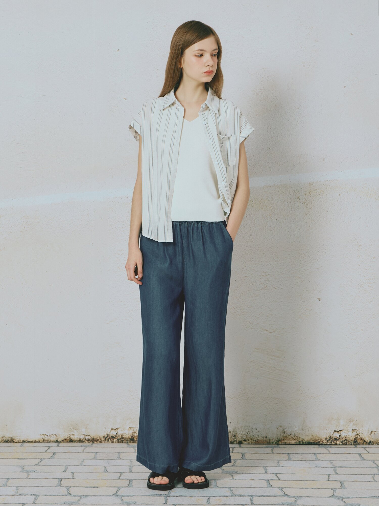 스트라이프 캡슬리브 셔츠 블라우스 (BLUE)