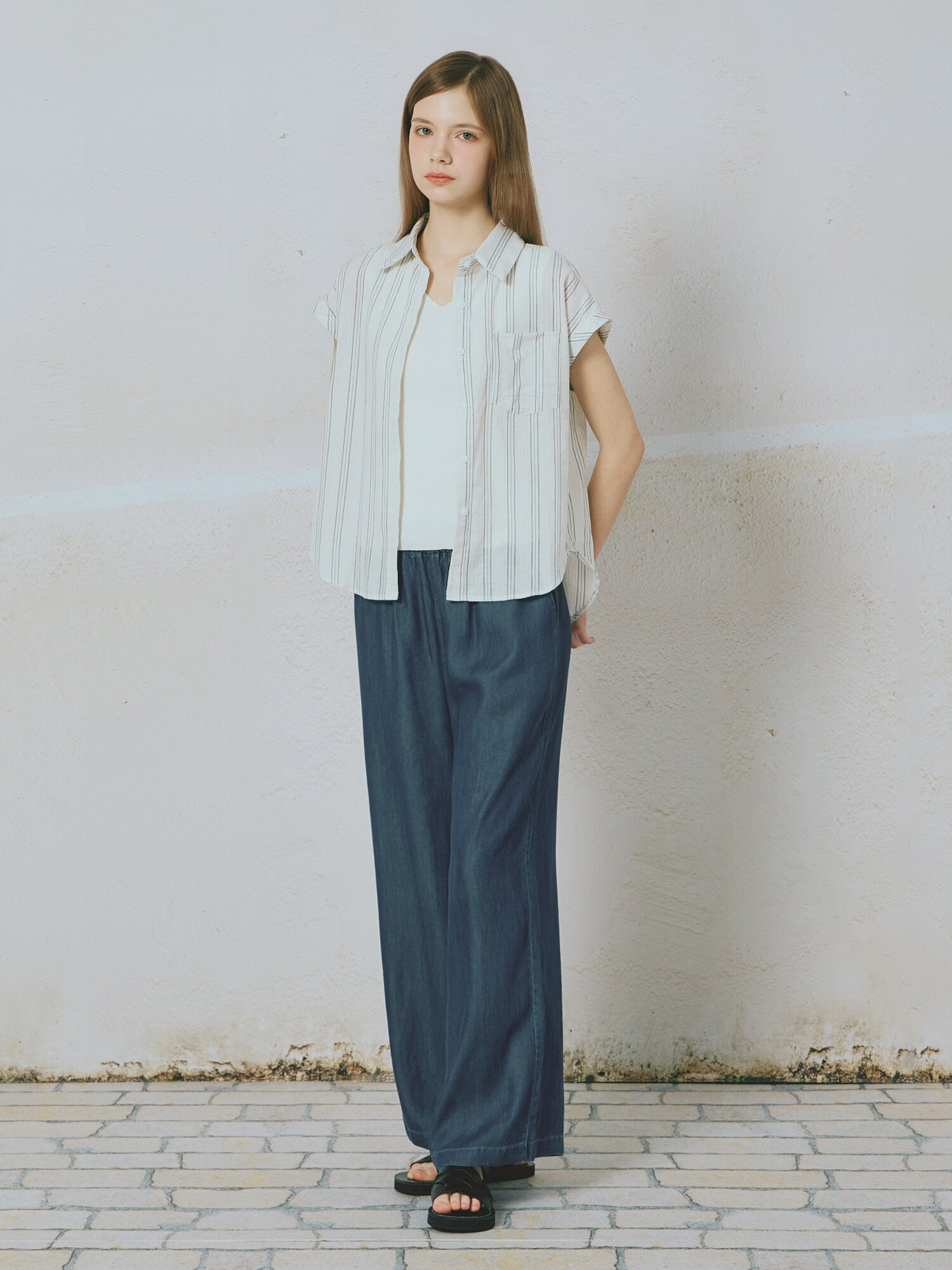 스트라이프 캡슬리브 셔츠 블라우스 (BLUE)