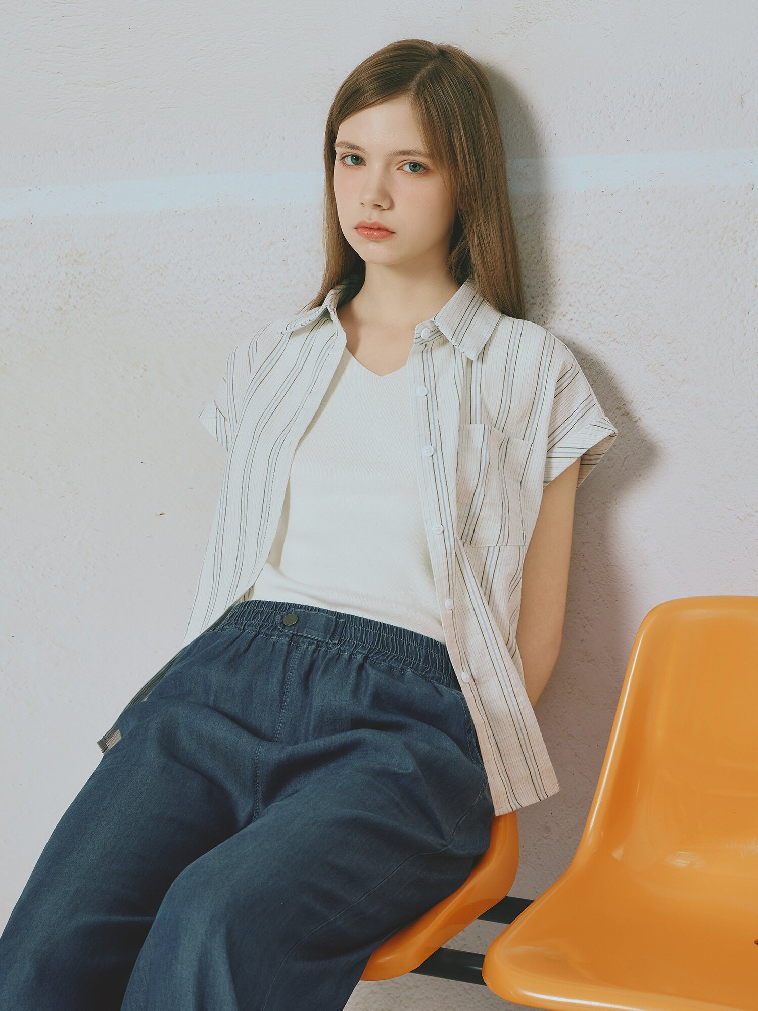 스트라이프 캡슬리브 셔츠 블라우스 (BLUE)