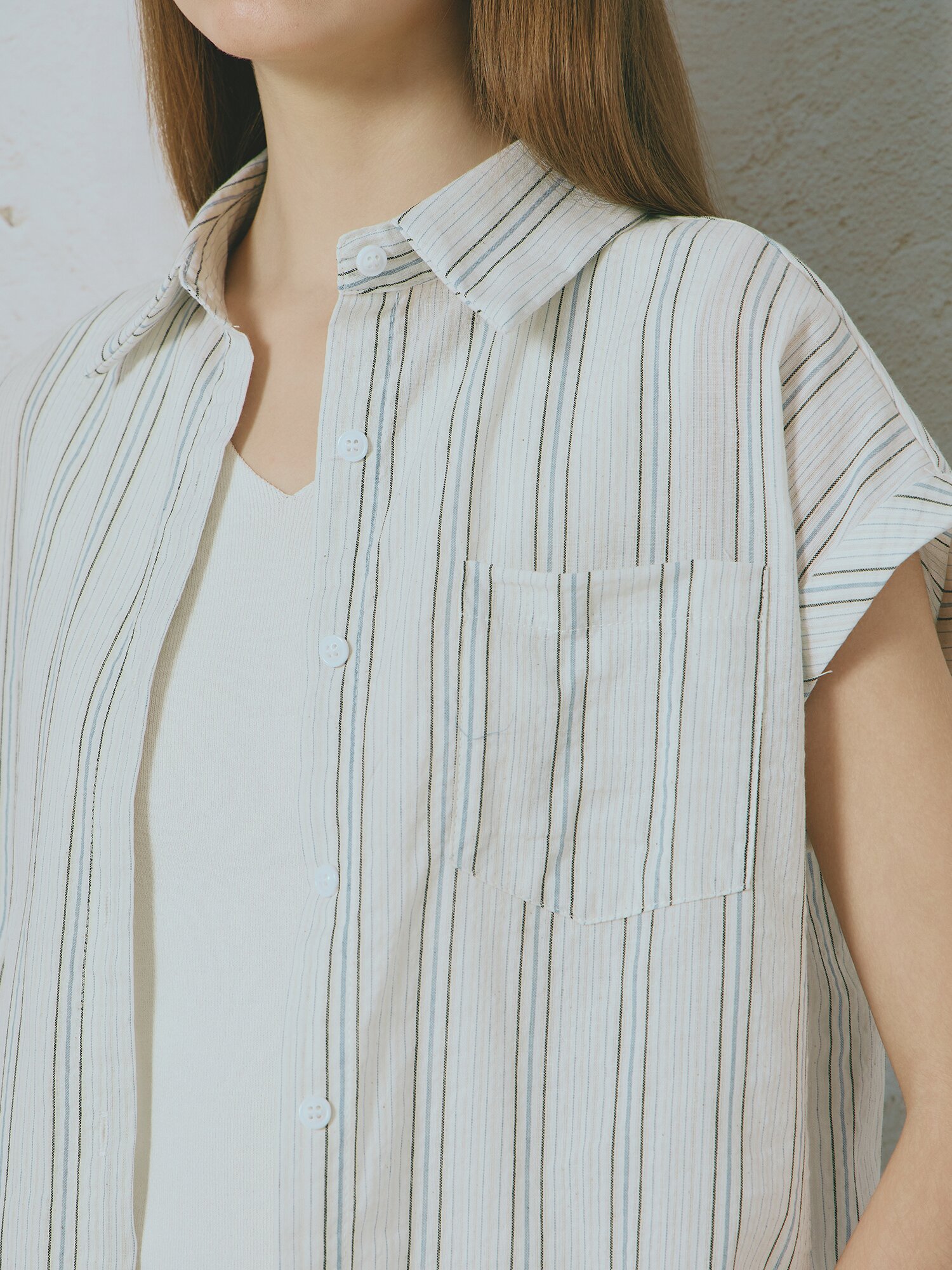 스트라이프 캡슬리브 셔츠 블라우스 (BLUE)