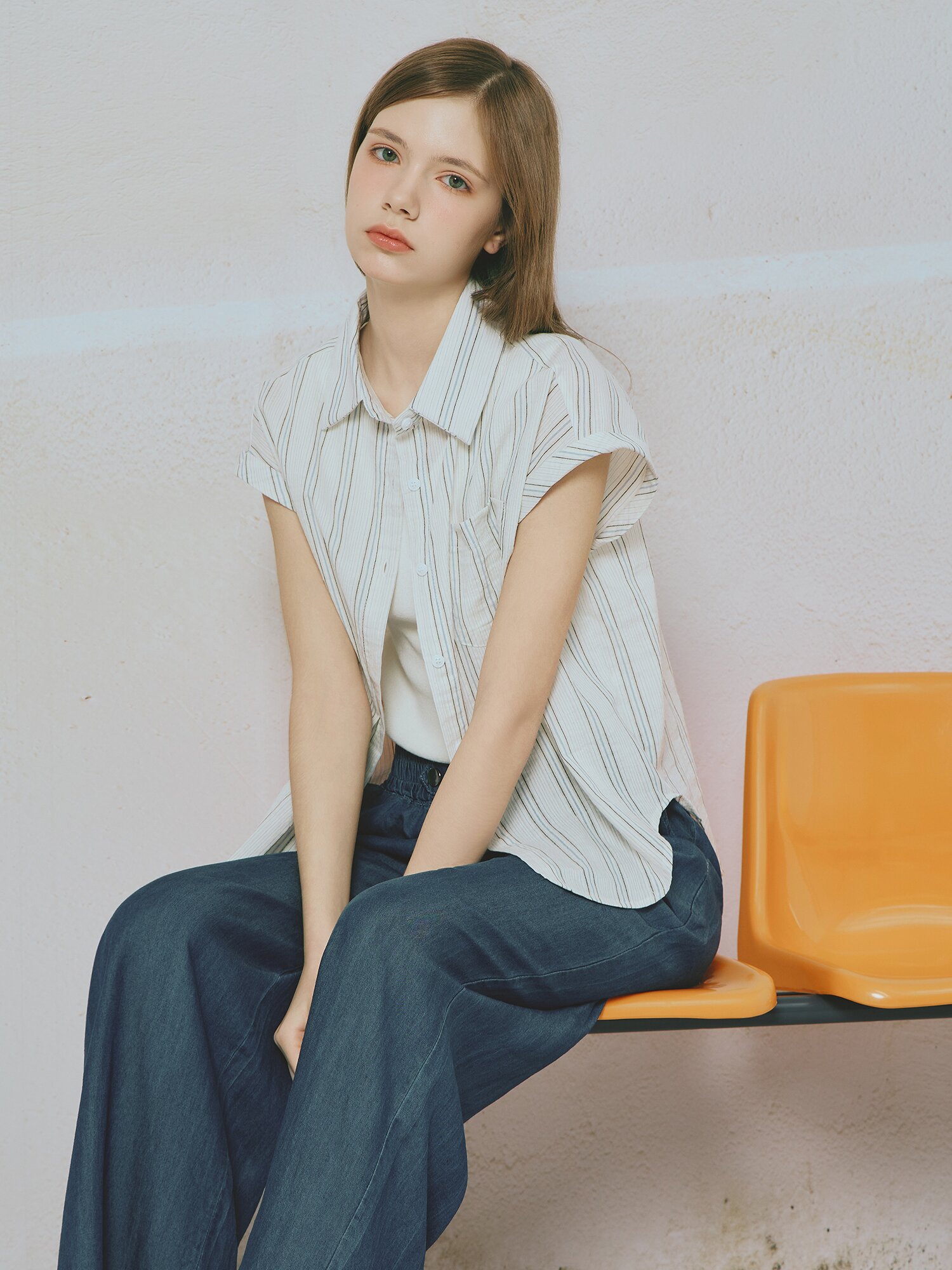 스트라이프 캡슬리브 셔츠 블라우스 (BLUE)