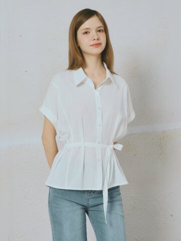 벨티드 셔츠 칼라 블라우스 