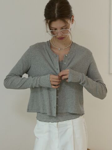 Frill sleeve crop cardigan solid Gray