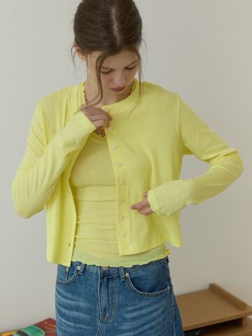 Frill sleeve crop cardigan solid Yellow