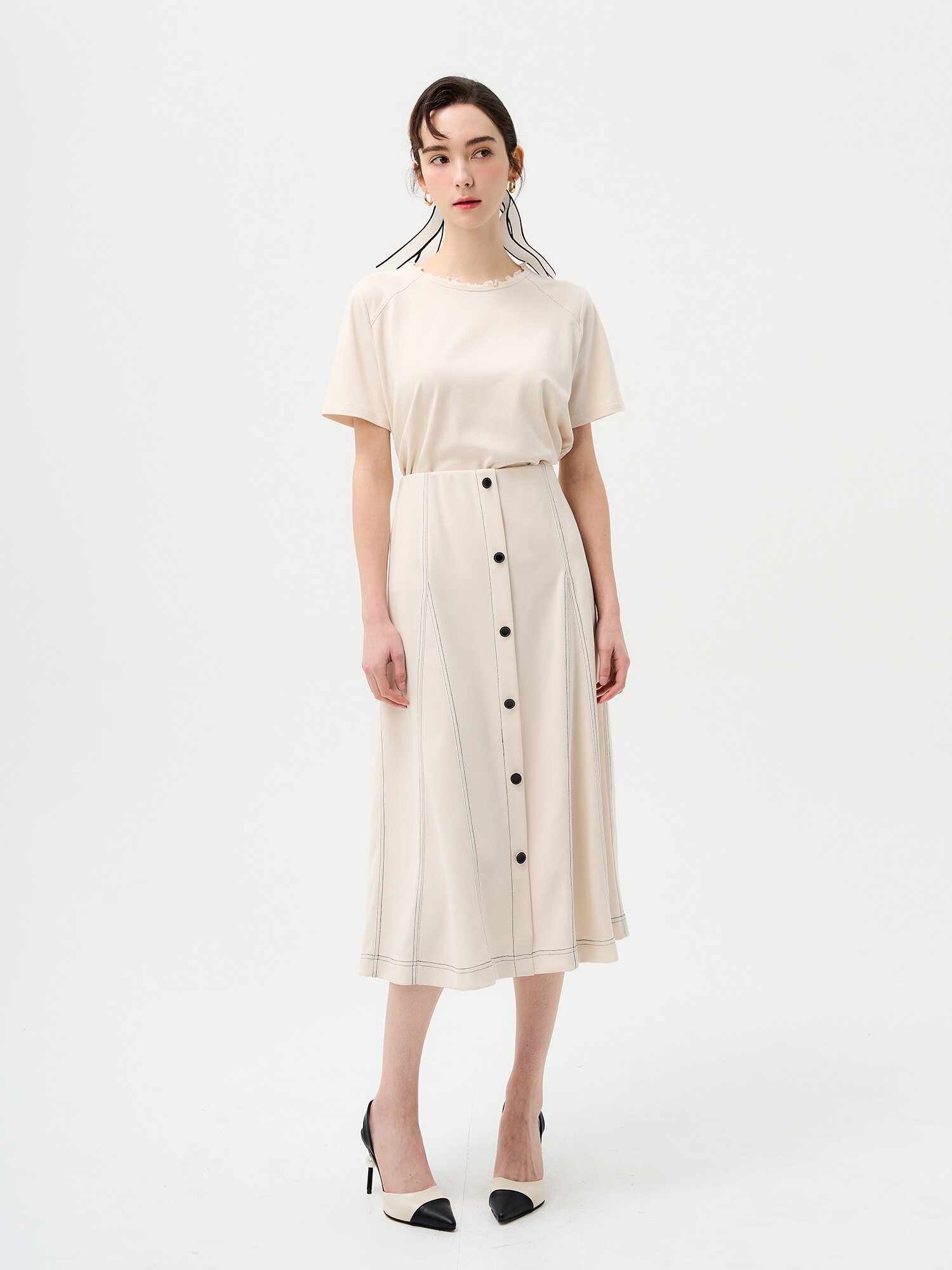 밴딩 길이조절 A라인 미디 스커트 (베이지)