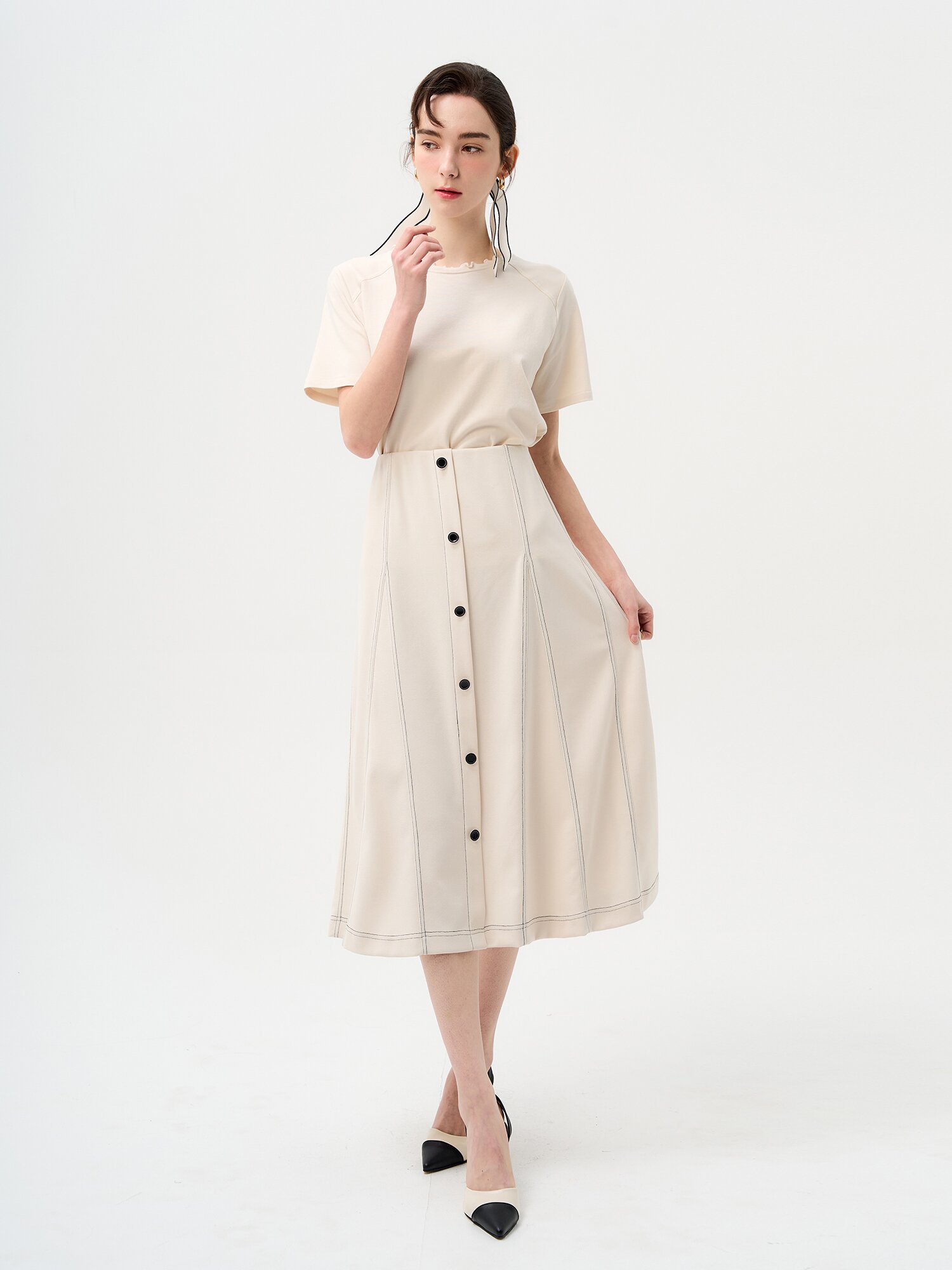 밴딩 길이조절 A라인 미디 스커트 (베이지)