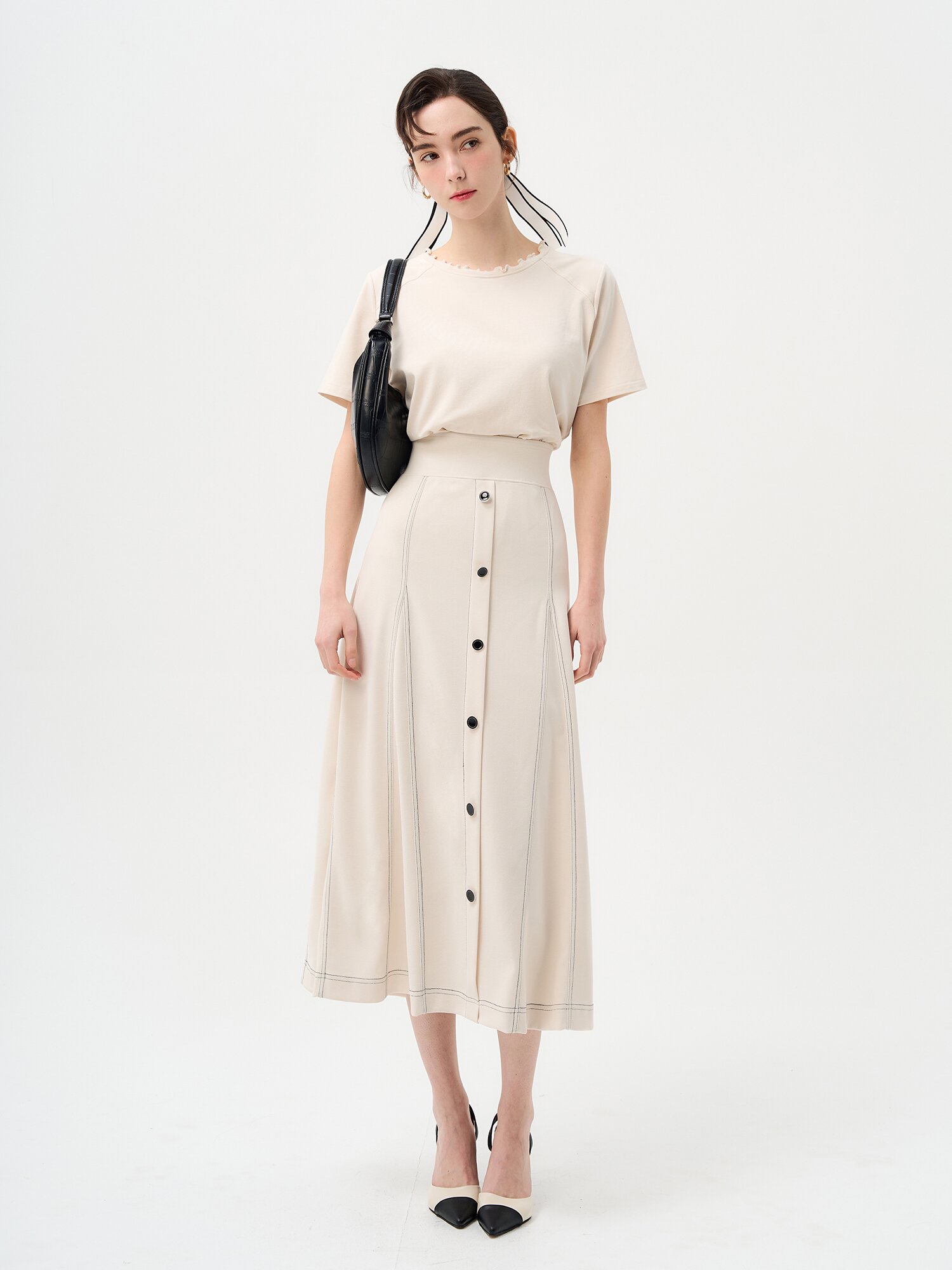 밴딩 길이조절 A라인 미디 스커트 (베이지)