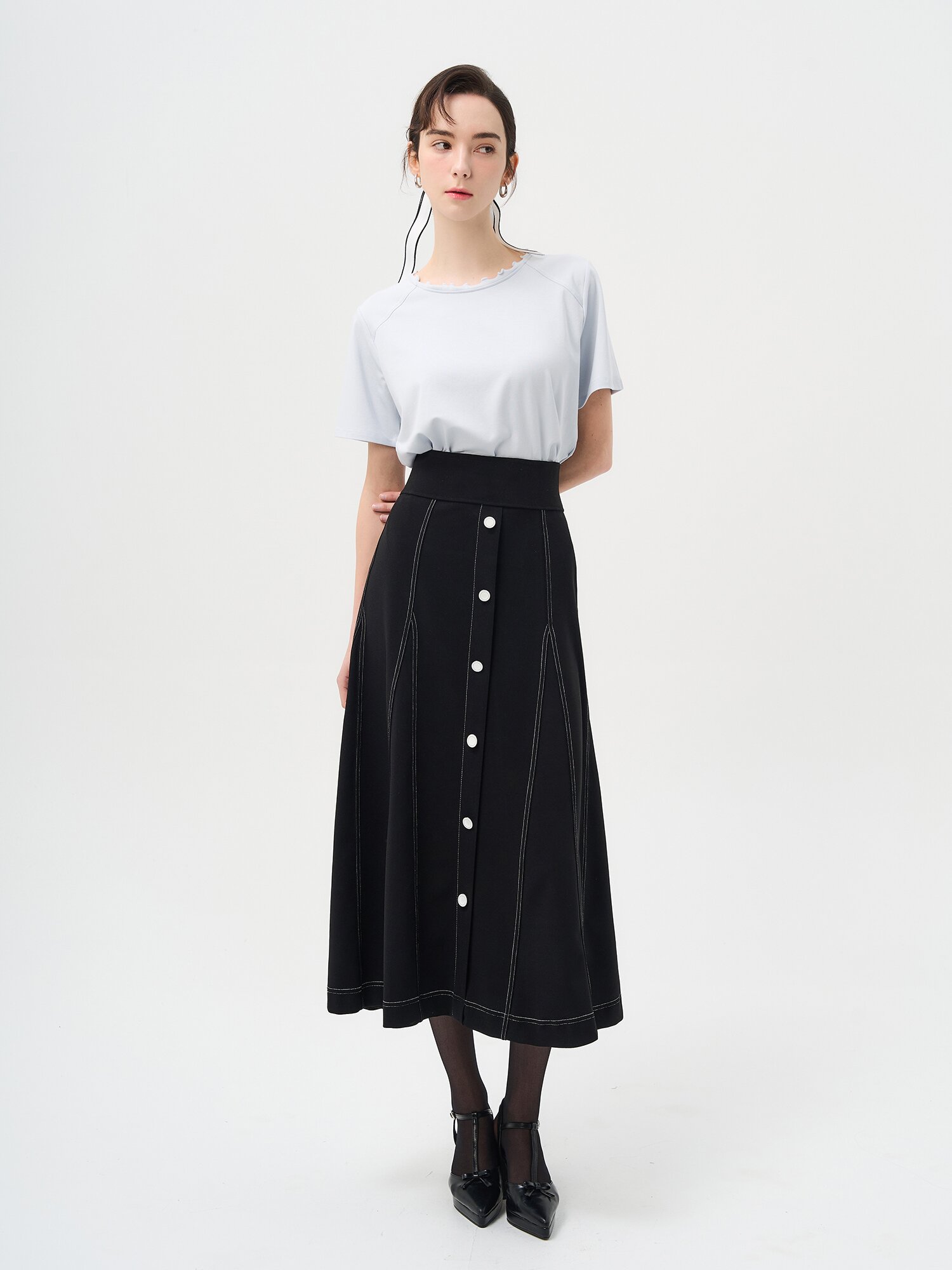 밴딩 길이조절 A라인 미디 스커트 (블랙)
