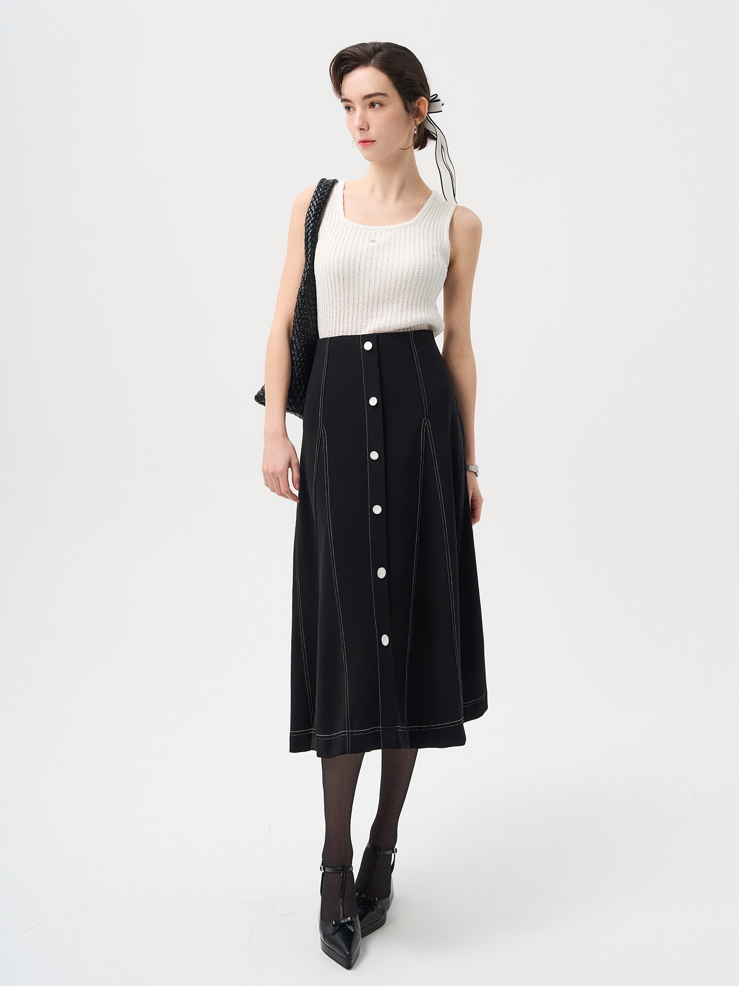 밴딩 길이조절 A라인 미디 스커트 (블랙)