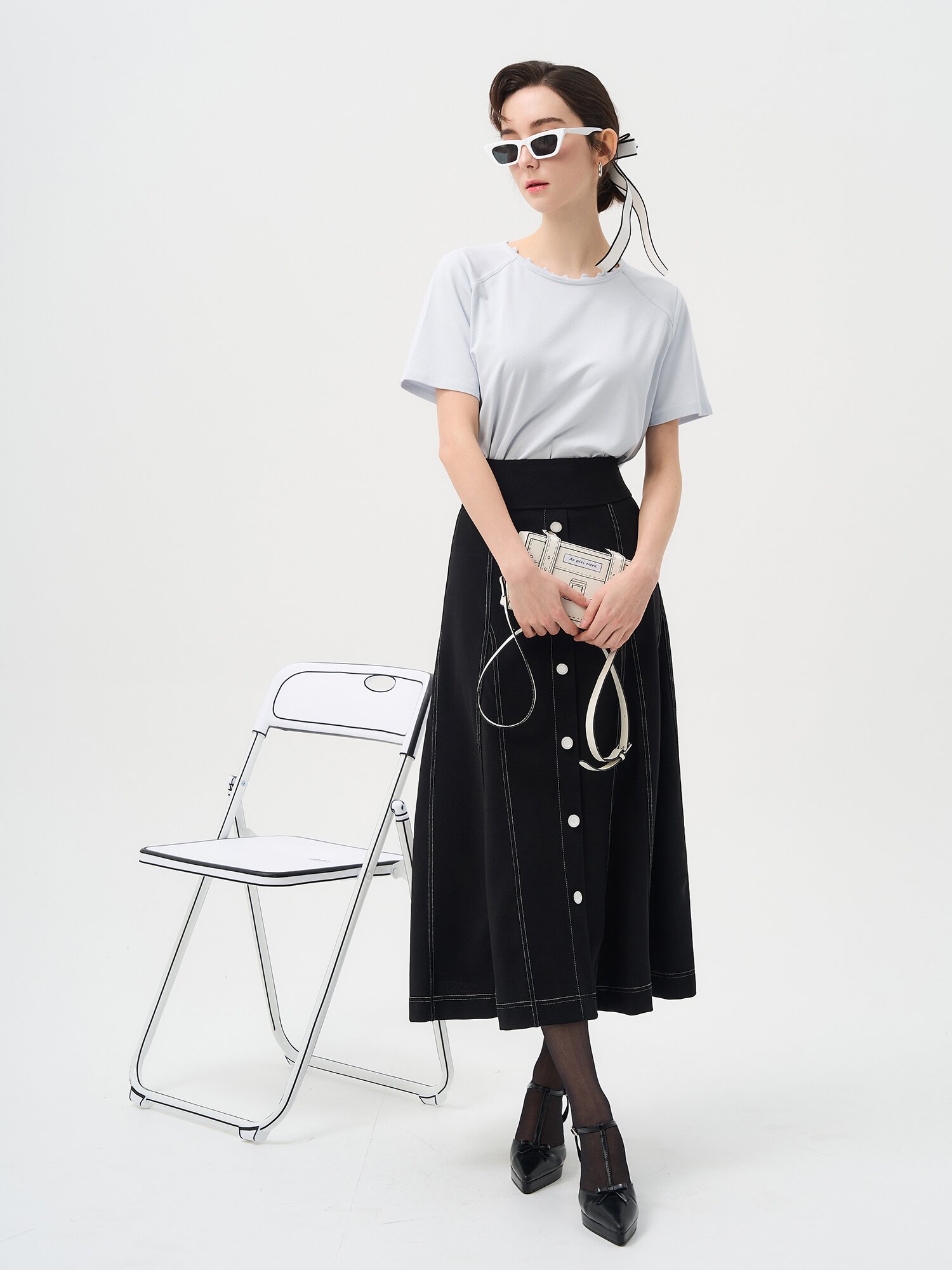 밴딩 길이조절 A라인 미디 스커트 (블랙)