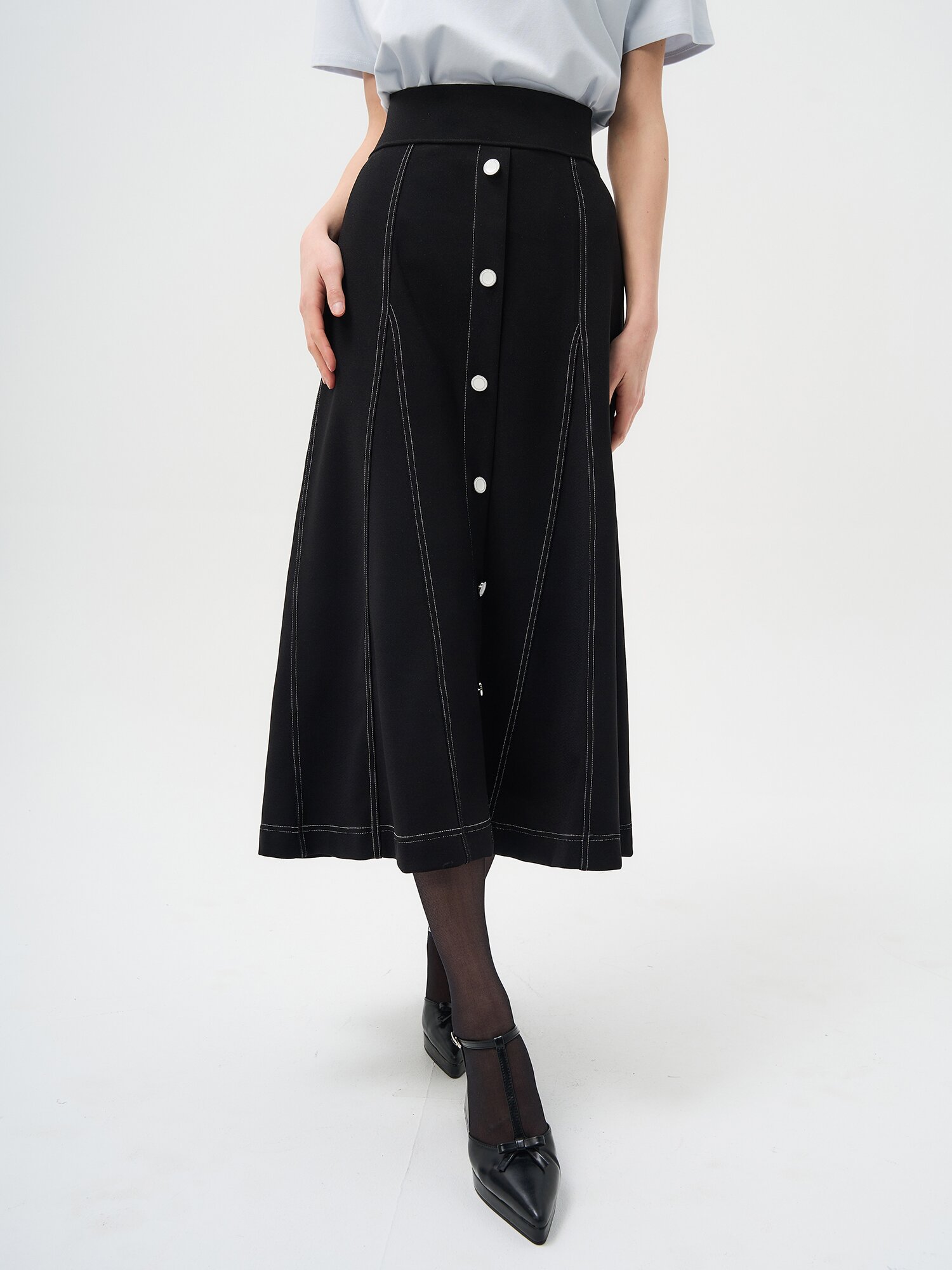 밴딩 길이조절 A라인 미디 스커트 (블랙)