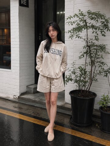 프린팅 후드넥 나일론 투피스 (BEIGE)