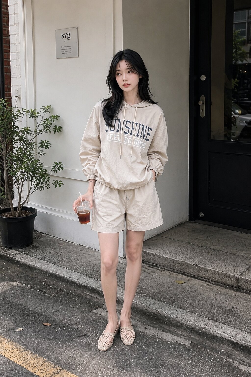 프린팅 후드넥 나일론 투피스 (BEIGE)