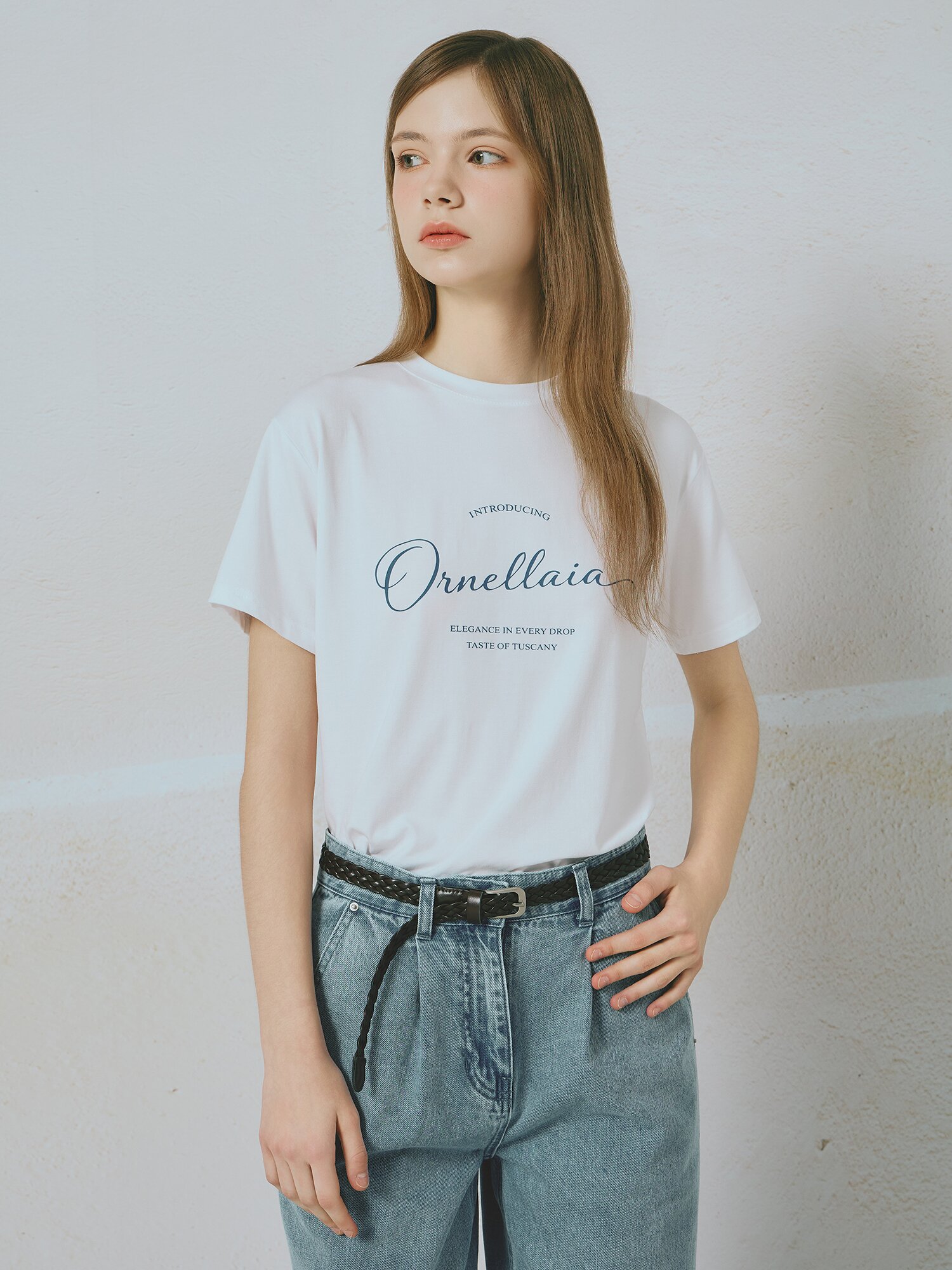 스판 레터링 라운드넥 티셔츠 (BLUE)