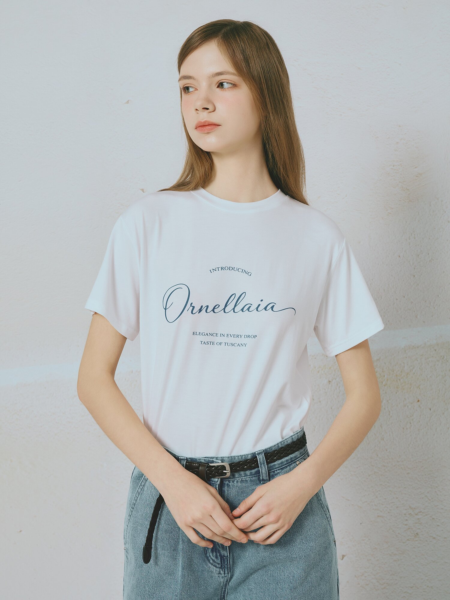 스판 레터링 라운드넥 티셔츠 (BLUE)