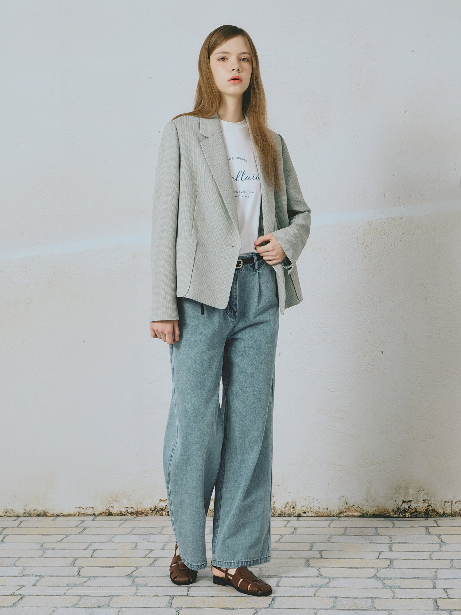 스판 레터링 라운드넥 티셔츠 (BLUE)