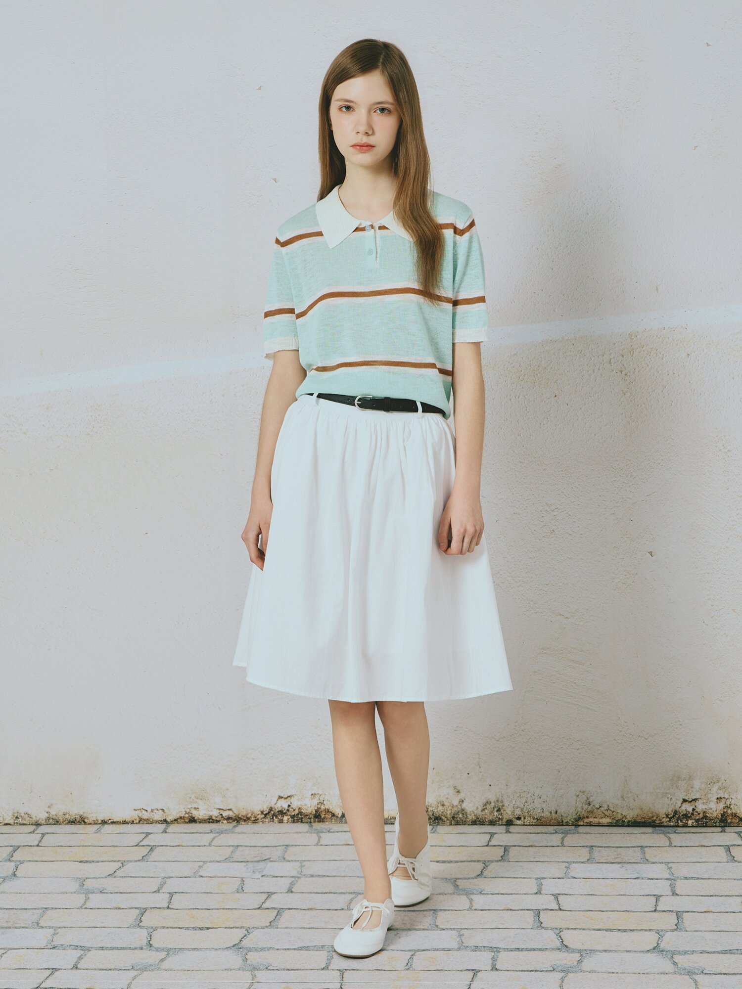 코튼 플레어 벨티드 스커트 (WHITE)