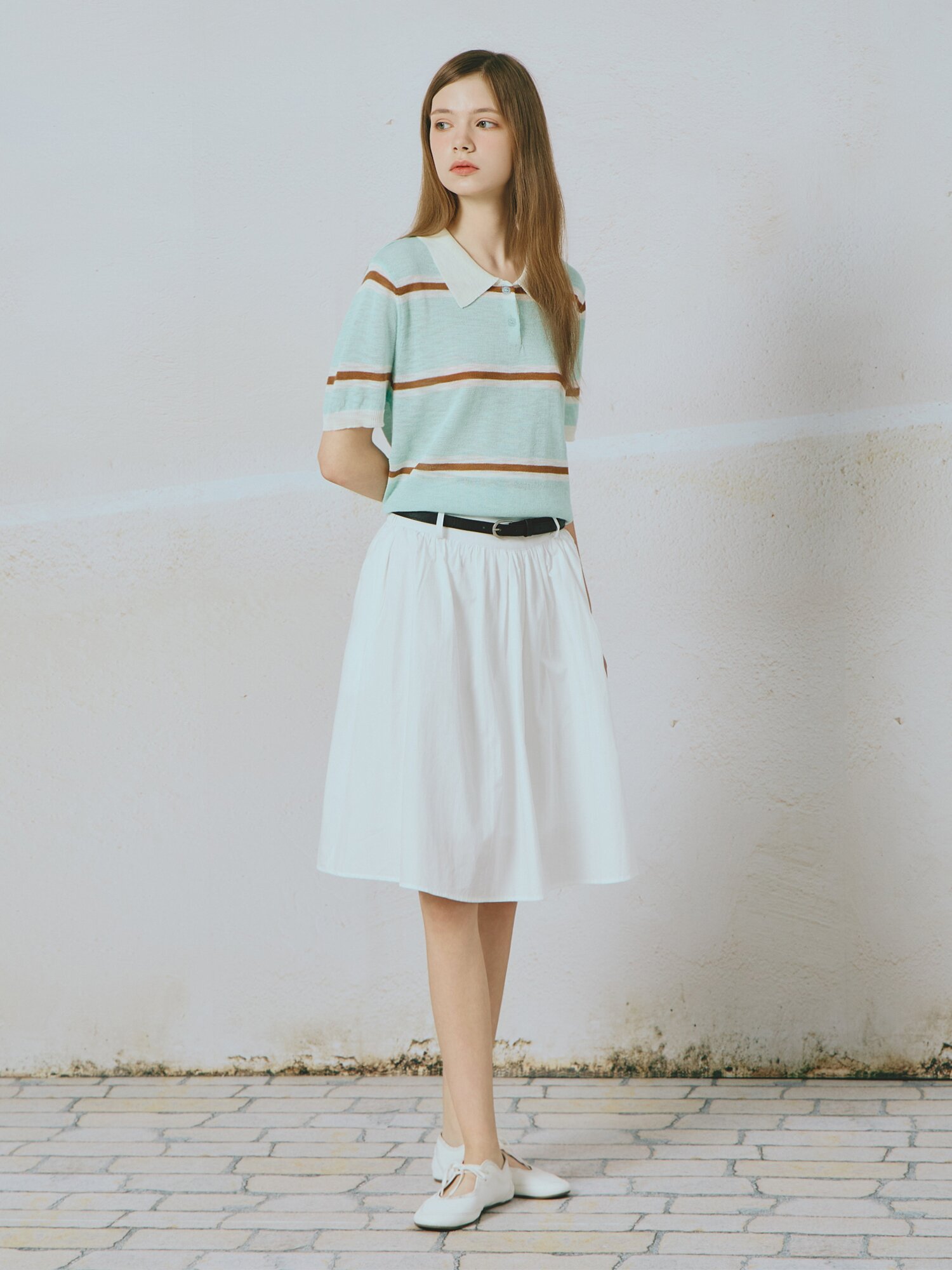 코튼 플레어 벨티드 스커트 (WHITE)