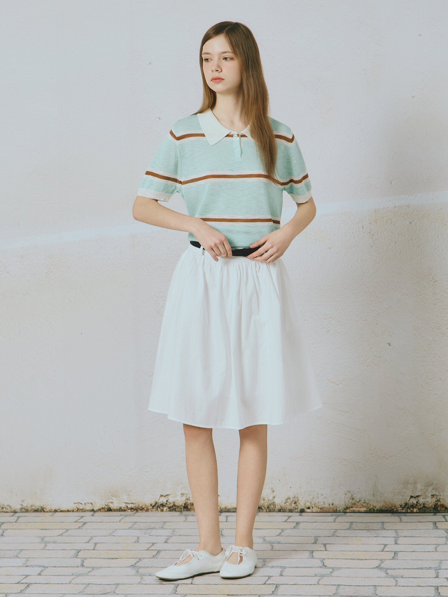 코튼 플레어 벨티드 스커트 (WHITE)