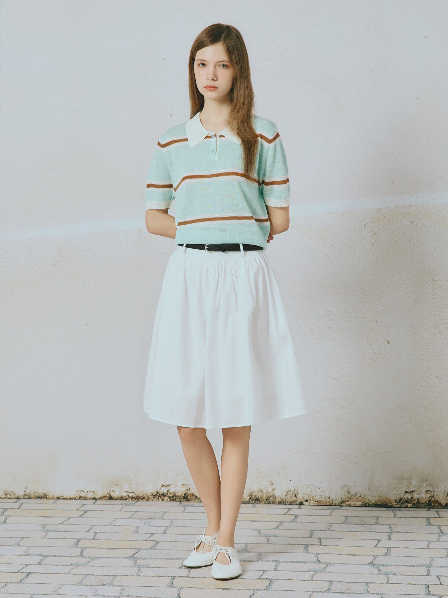 코튼 플레어 벨티드 스커트 (WHITE)