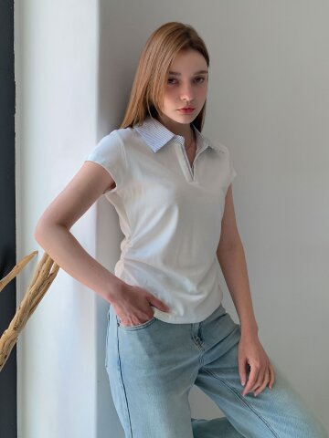 스트라이프 카라 셔링 반팔 티셔츠 (3colors)