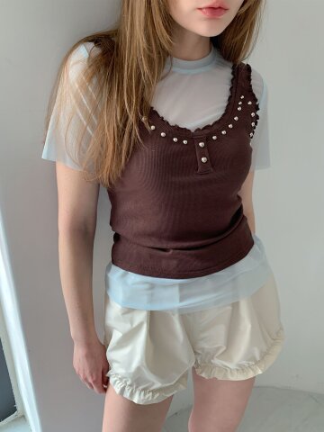 스터드 레이어 시스루 반팔 티셔츠 (4colors)