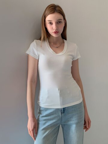 슬림핏 스티치 유넥 반팔 티셔츠 (2colors)