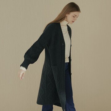 케이블 퍼프소매 나그랑 롱가디건_딥그린