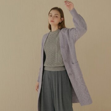 케이블 퍼프소매 나그랑 롱가디건_라벤더