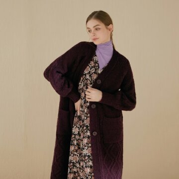 케이블 퍼프소매 나그랑 롱가디건_와인