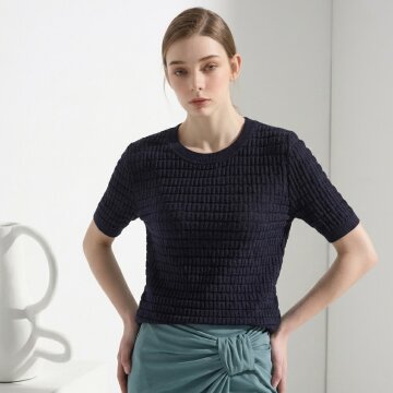 썸머 쿨 하프소매 볼륨 니트_네이비