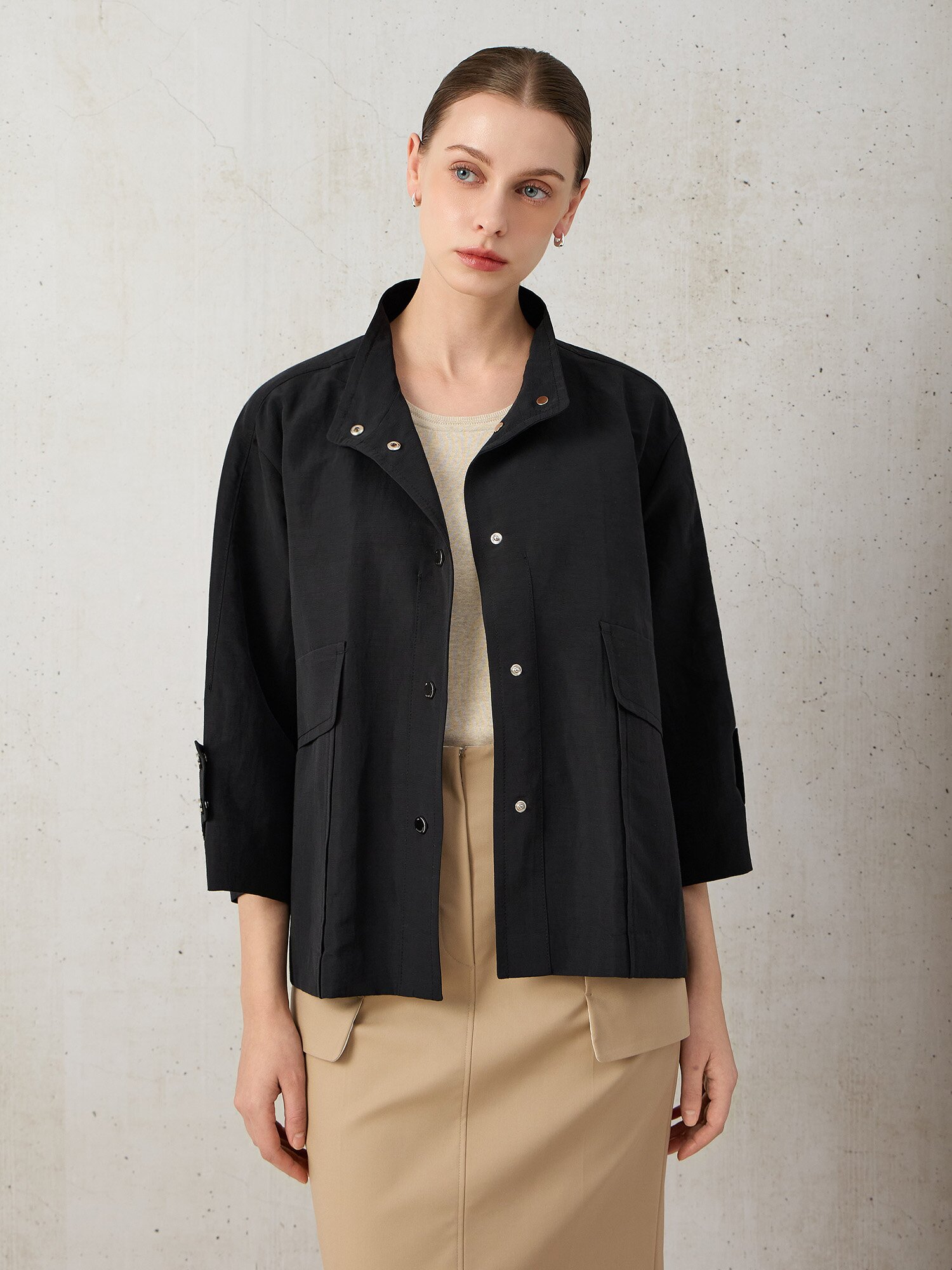 린넨 혼방 크롭 슬리브 점퍼 (BLACK)