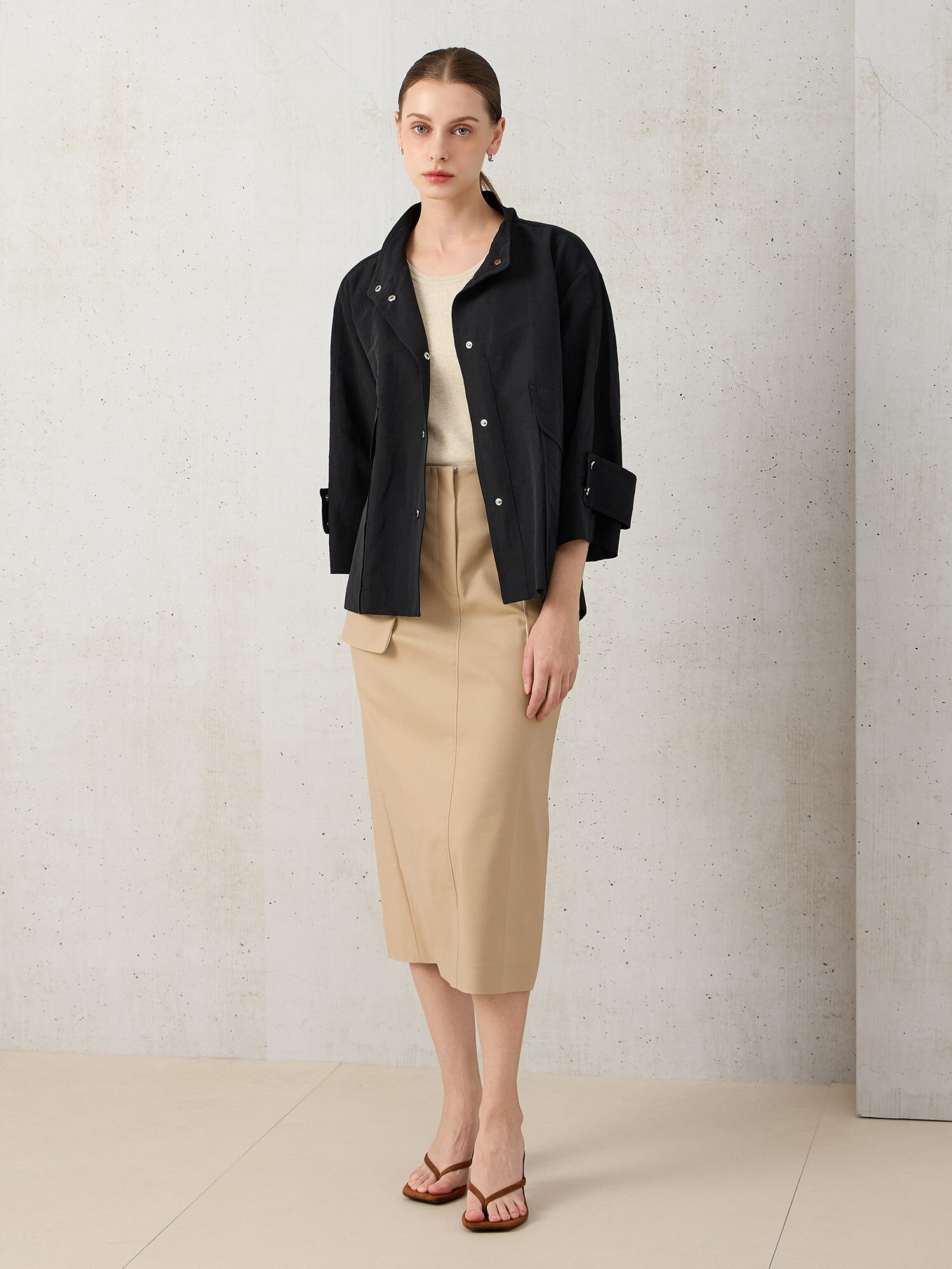 린넨 혼방 크롭 슬리브 점퍼 (BLACK)