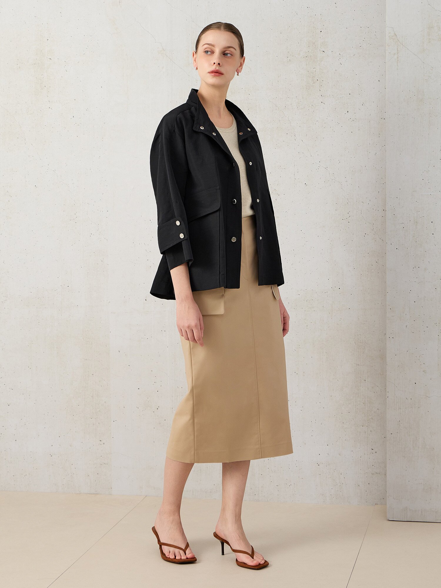 린넨 혼방 크롭 슬리브 점퍼 (BLACK)