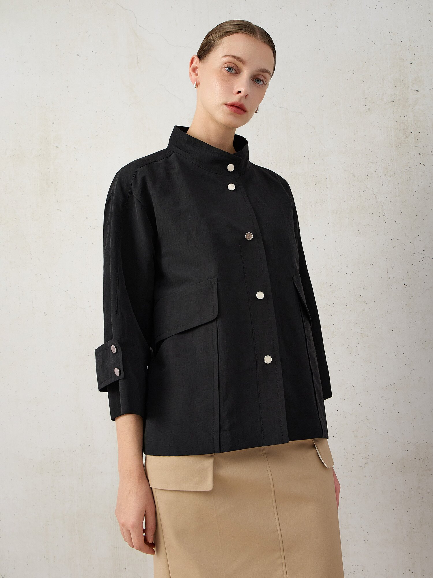 린넨 혼방 크롭 슬리브 점퍼 (BLACK)