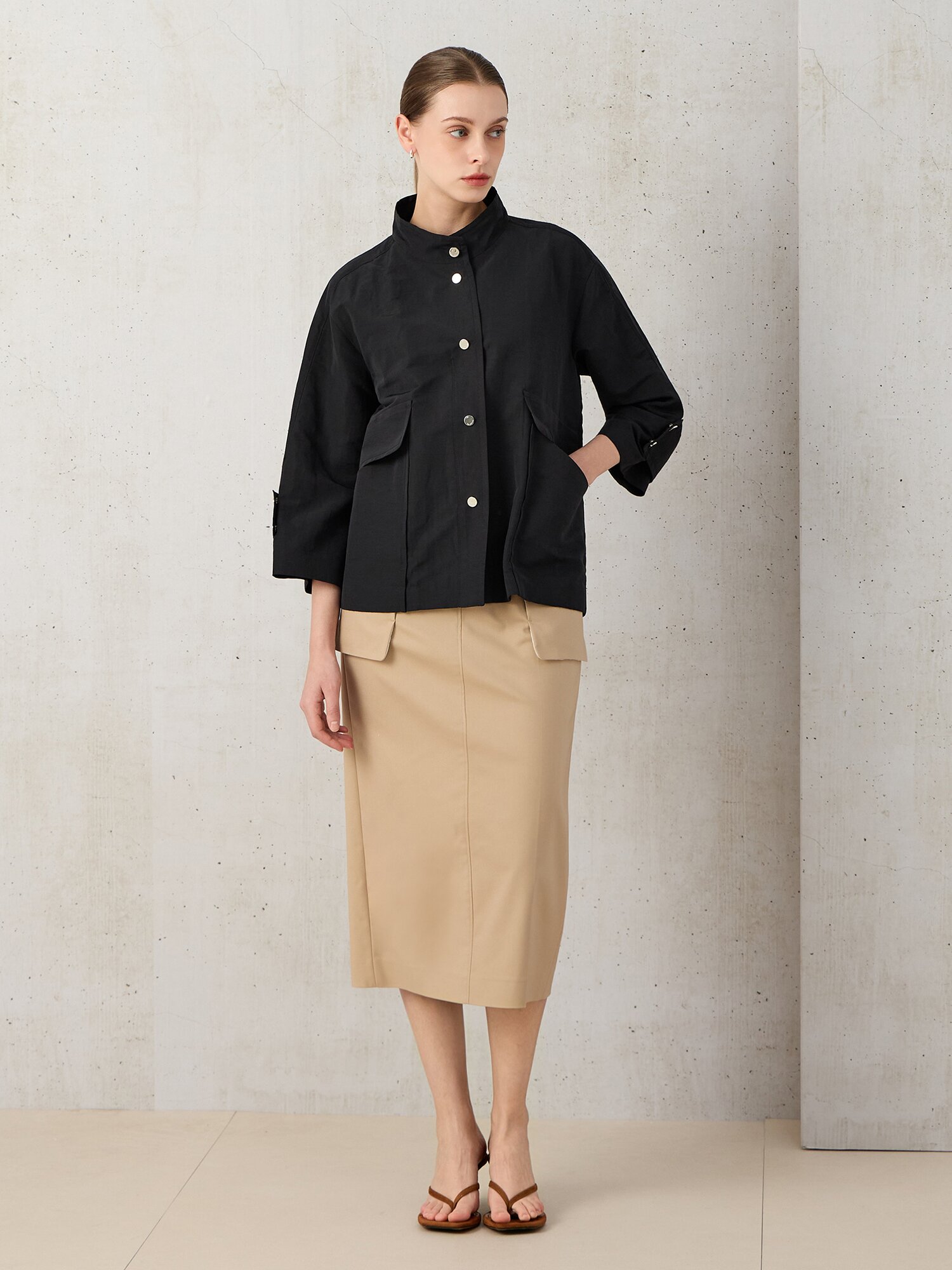 린넨 혼방 크롭 슬리브 점퍼 (BLACK)