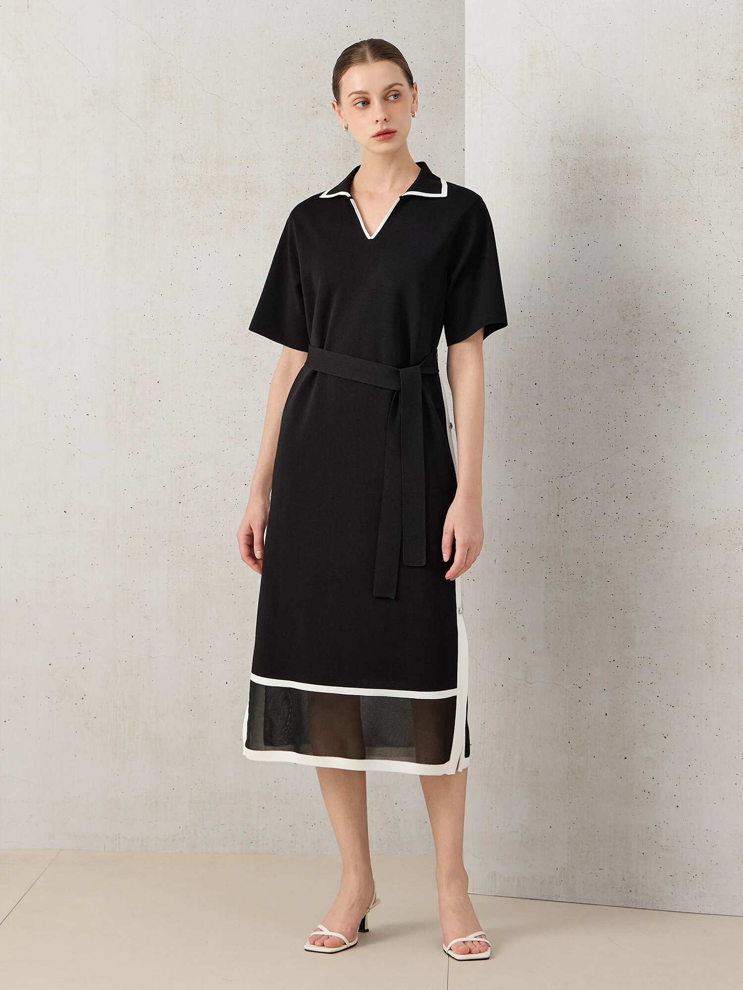 배색 오픈 카라 스트랩 롱 원피스 (BLACK)