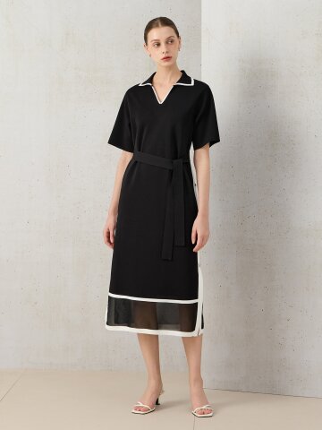 배색 오픈 카라 스트랩 롱 원피스 