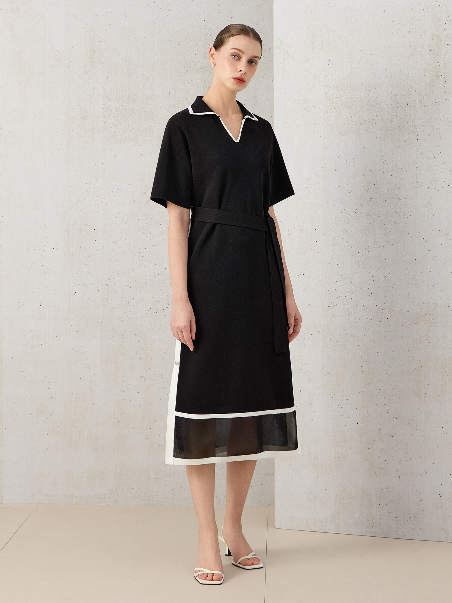 배색 오픈 카라 스트랩 롱 원피스 (BLACK)