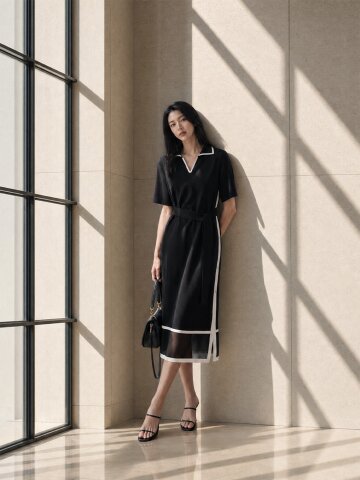 배색 오픈 카라 스트랩 롱 원피스 (BLACK)