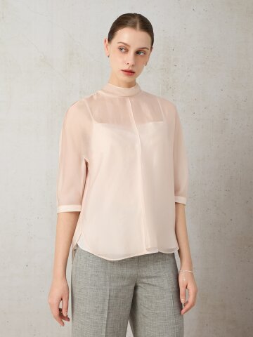 시폰 백 타이 미드 슬리브 블라우스 