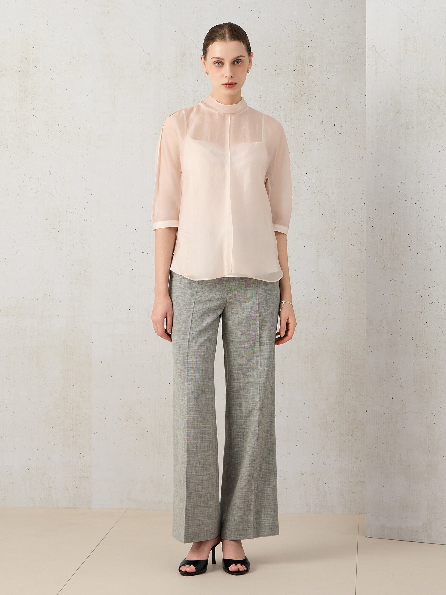 시폰 백 타이 미드 슬리브 블라우스 (LIGHT PINK)