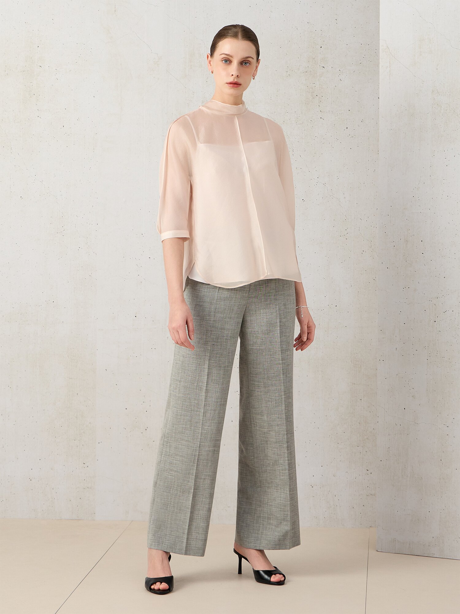 시폰 백 타이 미드 슬리브 블라우스 (LIGHT PINK)