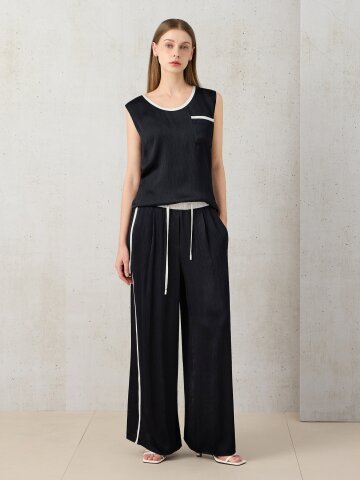 플리츠 배색 라인 와이드 밴딩 팬츠 