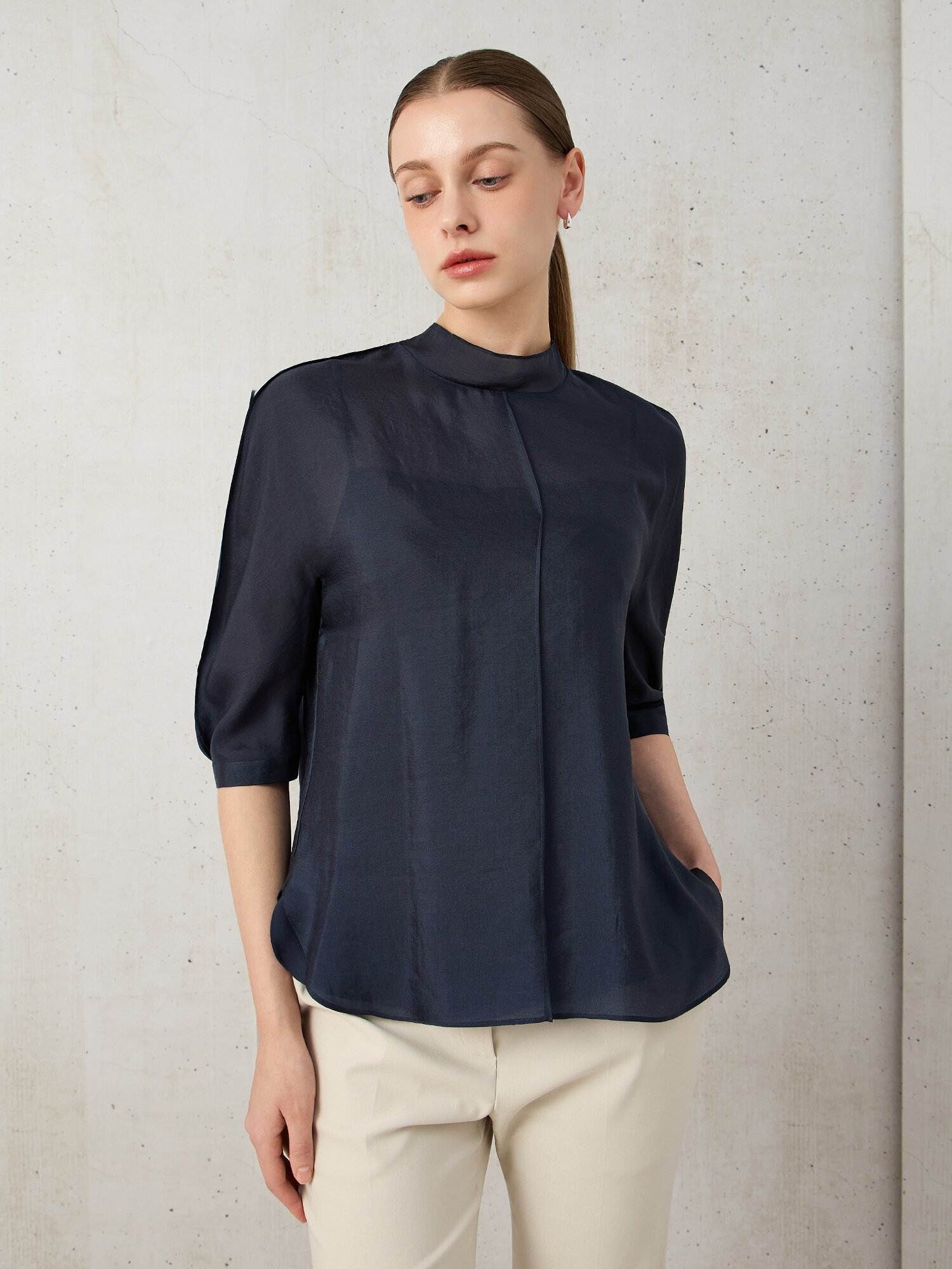 시폰 백 타이 미드 슬리브 블라우스 (DARK NAVY)