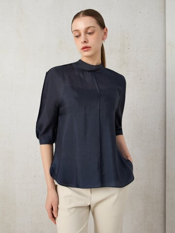 시폰 백 타이 미드 슬리브 블라우스 